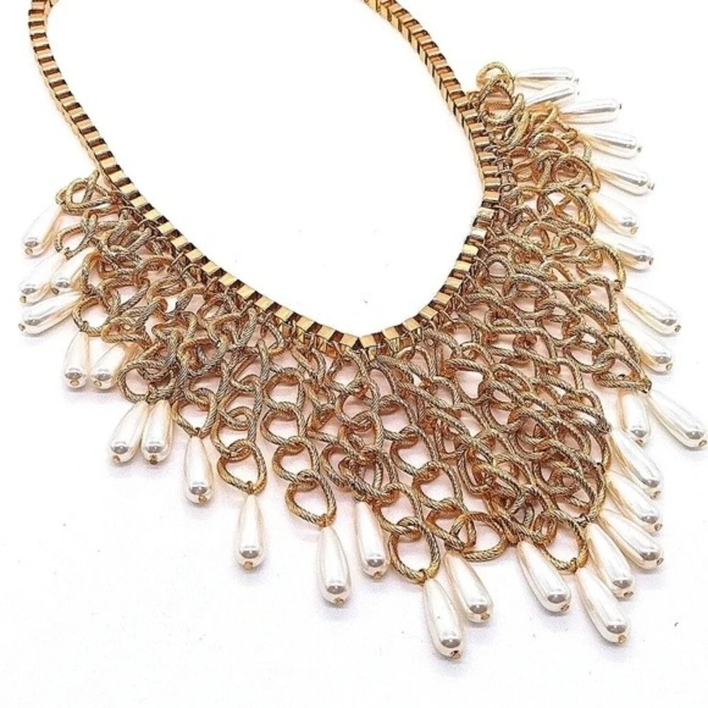 CHICO'S 20" Pearl Drops Statement Necklace in Gold Tone Franco Chain - Picture 1 of 6